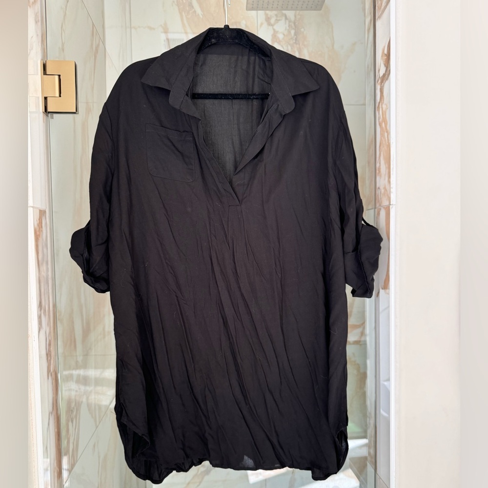 Black sheer V-neck collared flowy shirt / bathing suit cover up.
